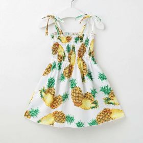 Baby Girl Flower & Fruit Graphic Shirred Design Sling Dress - 130 (7-8Y) - Beige