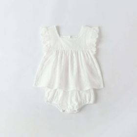 Baby Girl Solid Color Ruffle Design Square Neck Tops Combo Triangle Shorts 1 Pieces Sets - 90 (12-24M) - White