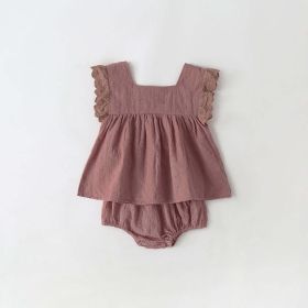 Baby Girl Solid Color Ruffle Design Square Neck Tops Combo Triangle Shorts 1 Pieces Sets - 90 (12-24M) - Coffee