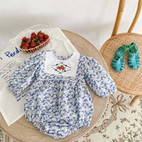 Baby Girl Ditsy Floral Pattern Embroidered Design Long Sleeved Onesies - 66 (3-6M) - Blue
