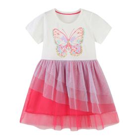 Baby Girl Butterfly Patched Pattern Mesh Patchwork Dress - 130 (7-8Y) - Pink