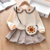 Baby Girl Floral Patches Doll Neck Pullover Hoodie Combo Pleated Skirt Sweet Vintage Style Sets - 90 (12-24M) - Beige