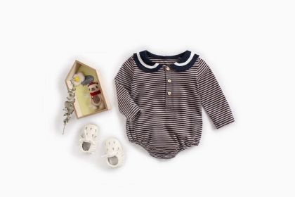 Baby Girl Striped Pattern Sailor Collar Design Fashion Long Sleeves Bodysuit Onesie - 66 (3-6M) - Coffee