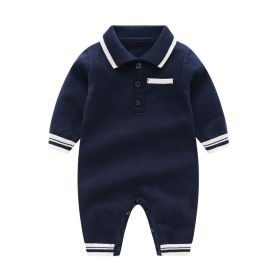 Baby Solid Color Quarter Button Design Lapel Knitted College Style Rompers - 90 (12-24M) - Black
