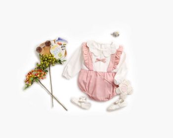 Baby Girl False 1 Pieces Design Petal Collar Design Bow Patched Bodysuit Onesies - 100 (2-3Y) - Pink
