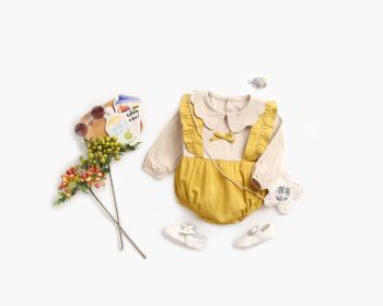Baby Girl False 1 Pieces Design Petal Collar Design Bow Patched Bodysuit Onesies - 66 (3-6M) - Yellow