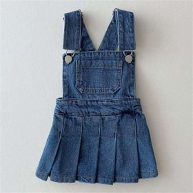 Baby Girl Denim Fabric Strap Design Pleated Dress Fashion Korean Style Dress - 100 (2-3Y) - Navy Blue (Dark Blue)