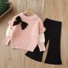 Baby Solid Color Bow Patched Sweater With Pants Sets - 90 (12-24M) - Pink