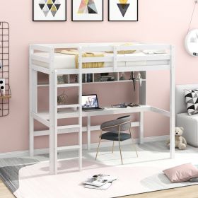 Twin Size Loft Bed with Convenient Desk;  Shelves;  and Ladder - White