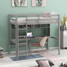 Twin Size Loft Bed with Convenient Desk;  Shelves;  and Ladder - Gray