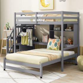Twin over Full Bunk Bed with Storage Staircase, Desk, Shelves and Hanger for Clothes - Gray