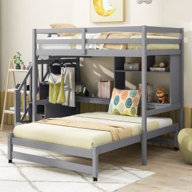 Twin over Full Bunk Bed with Storage Staircase, Desk, Shelves and Hanger for Clothes - Gray