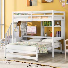 Twin over Full Bunk Bed with Storage Staircase, Desk, Shelves and Hanger for Clothes - White