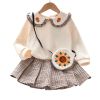 Baby Girl Floral Patches Doll Neck Pullover Hoodie Combo Pleated Skirt Sweet Vintage Style Sets - 90 (12-24M) - Beige