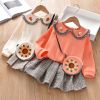 Baby Girl Floral Patches Doll Neck Pullover Hoodie Combo Pleated Skirt Sweet Vintage Style Sets - 90 (12-24M) - Beige