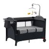 6 In 1 Foldable Baby Crib with Activity Center Diaper Changing Table Mosquito Net Mattress Music Box Toys Storage Tray Baby Bassinet Baby Sleeper - Bl
